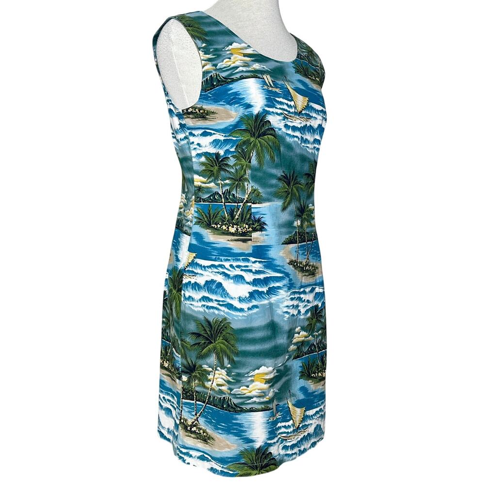 Vintage Hawaii Dress SZ L Blue Green Boat Palm Design